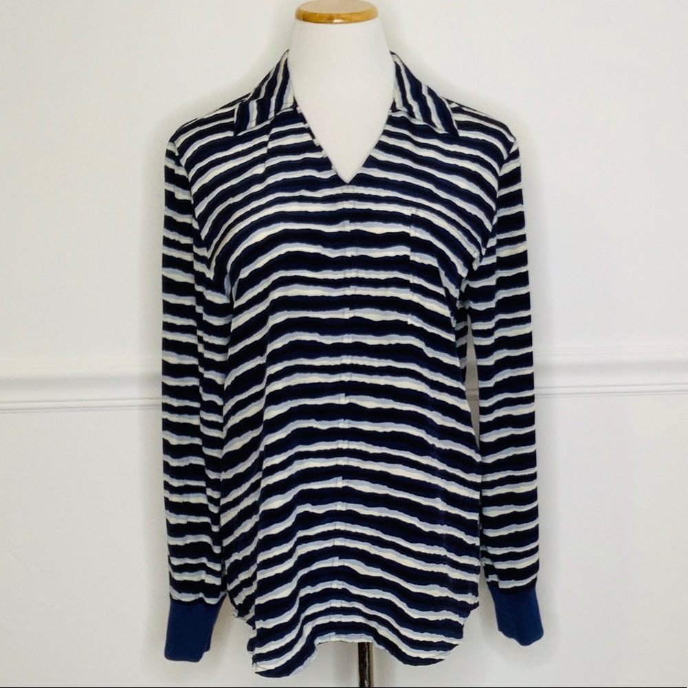 GoSilk Striped Blues Silk Top V Neck Size Medium